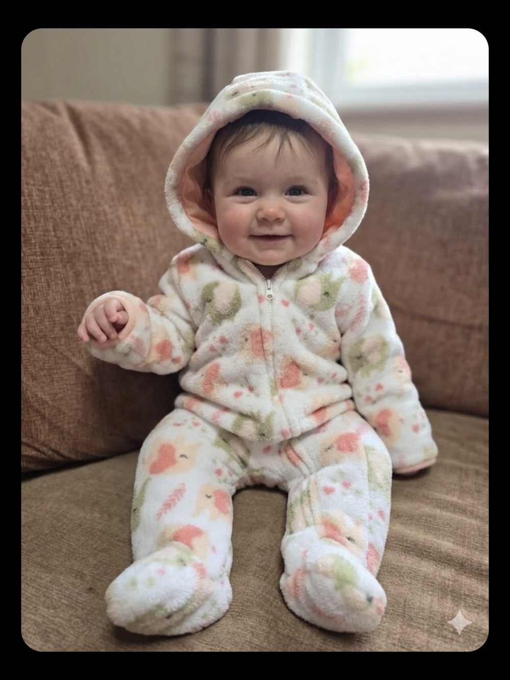 0-3 Month Plush Hooded Baby One-Piece in Cream with Peach & Sage Print